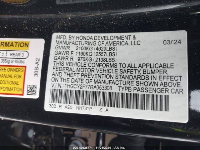 1HGCY2F77RA053308 Honda Accord Hybrid Sport-l