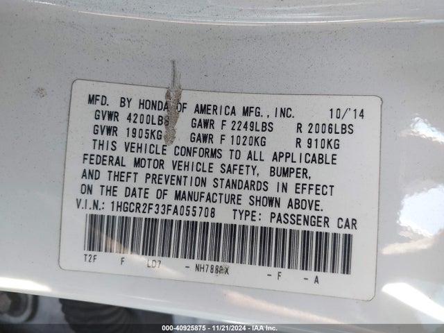Honda ACCORD LX 2015 1HGCR2F33FA055708 Image 9