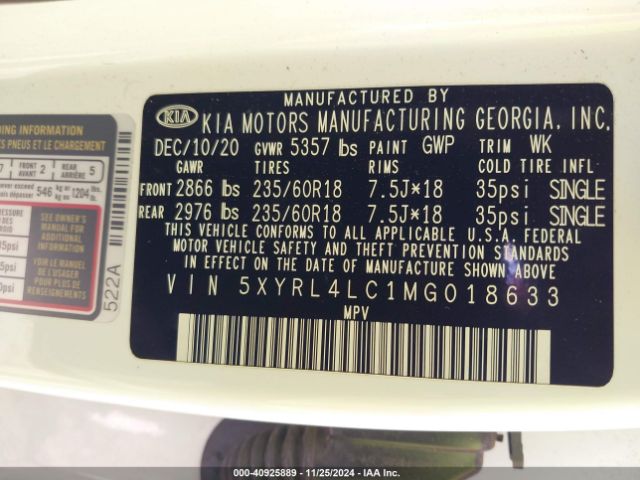 5XYRL4LC1MG018633 KIA SORENTO S
