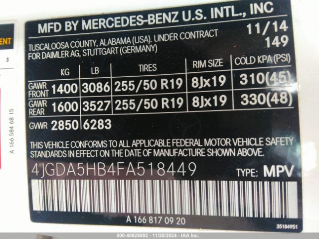 4JGDA5HB4FA518449 Mercedes-Benz Ml 350 4matic