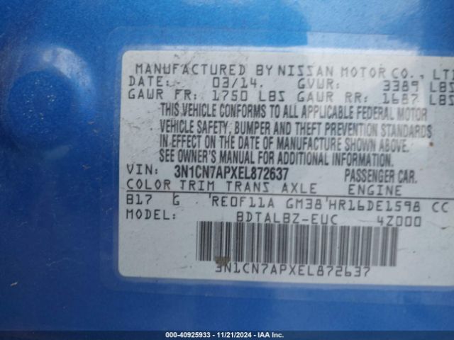 3N1CN7APXEL872637 Nissan Versa 1.6 S/1.6 S+/1.6 Sl/1.6 Sv