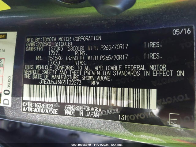 Toyota 4RUNNER SR5 2016 JTEZU5JR4G5132273 Image 9