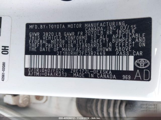 2T1BURHE2FC382449 Toyota Corolla L/le/le Pls/prm/s/s Pls