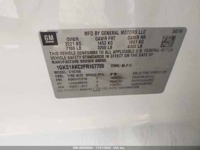 1GKS1AKC2FR167729 GMC YUKON SLE