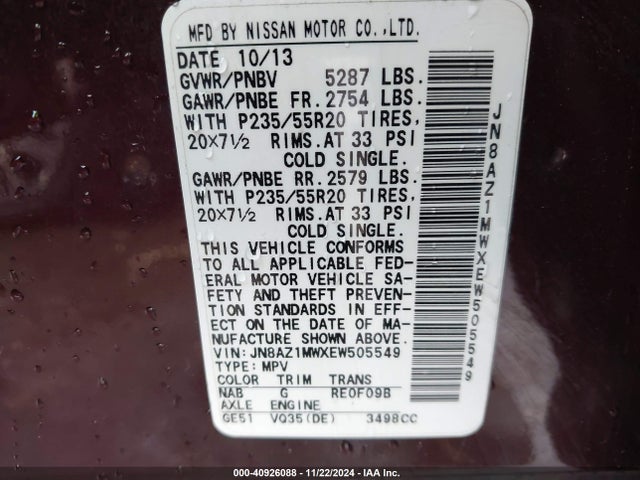 Nissan Murano Le 2014 JN8AZ1MWXEW505549 Image 9