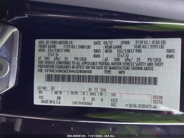 1FMCU9GD3HUD80658 Ford ESCAPE SE