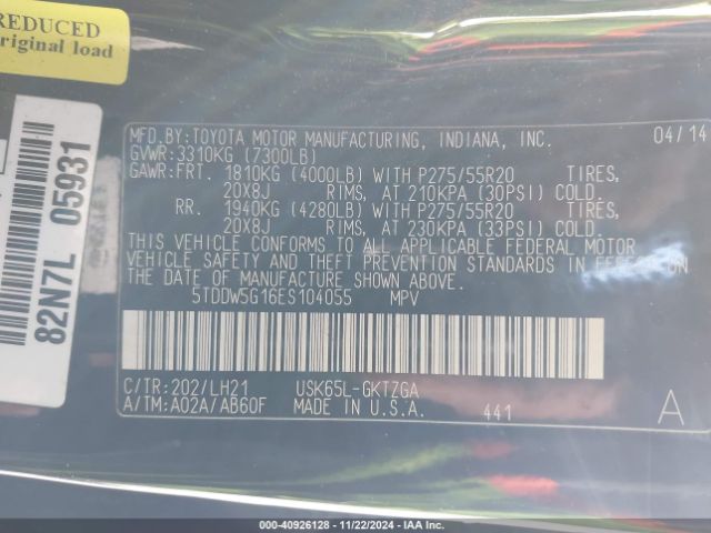5TDDW5G16ES104055 Toyota Sequoia Platinum 5.7l V8