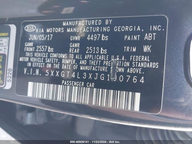 5XXGT4L3XJG190764 KIA Optima S