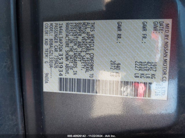 1N4AL3AP2GN353934 Nissan Altima 2.5/2.5 S/2.5 Sl/2.5 Sr/2.5 Sv