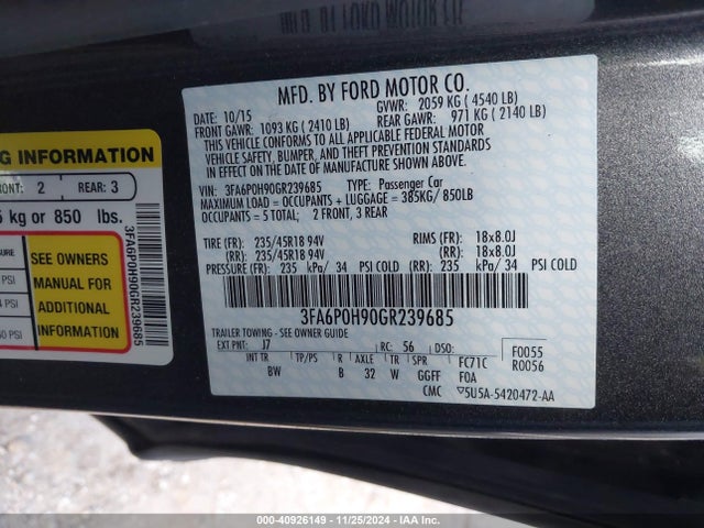 Ford FUSION SE 2016 3FA6P0H90GR239685 Image 9
