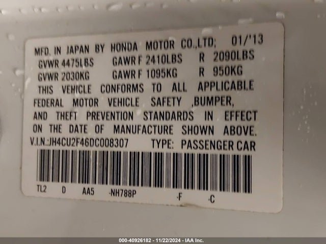 Auction sale of the 2013 Acura Tsx 2.4, vin: JH4CU2F46DC008307, lot number: 40926182