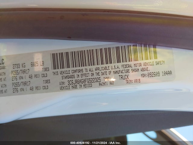 40926192 :رقم المزاد ، 3C6JR6AG0FG522325 vin ، 2015 Ram 1500 Tradesman مزاد بيع