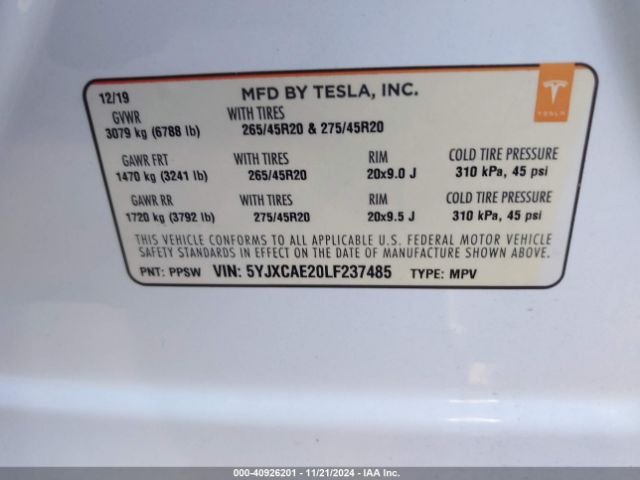 5YJXCAE20LF237485 Tesla Model X Long Range Dual Motor All-wheel Drive/long Range Plus Dual Motor All-wheel Drive