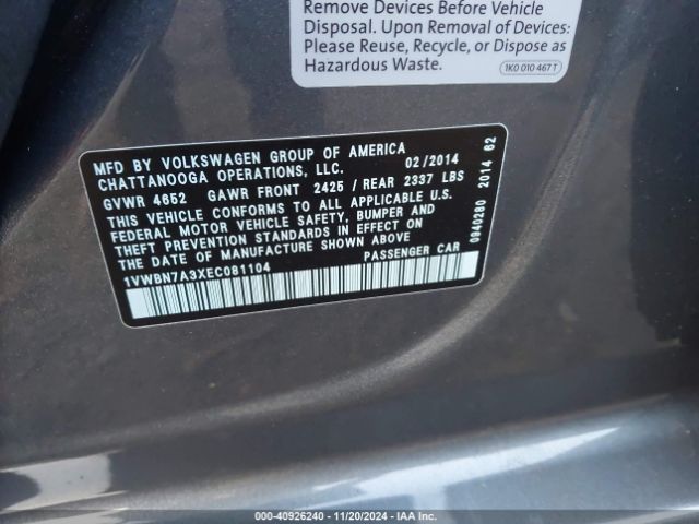 1VWBN7A3XEC081104 Volkswagen Passat 2.0l Tdi Se