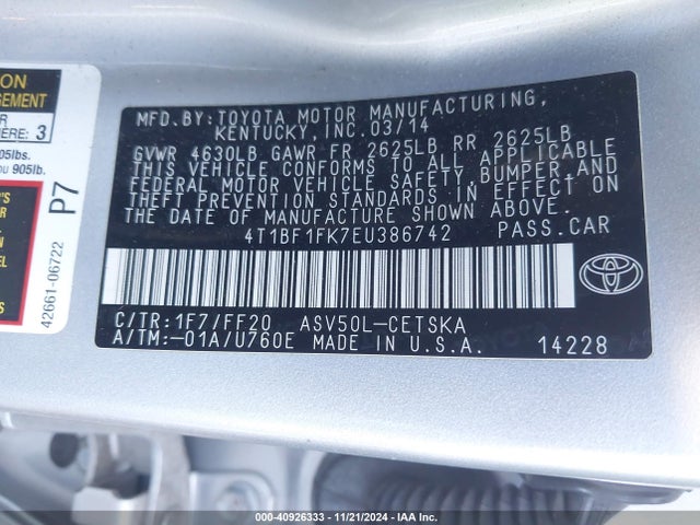 Toyota CAMRY SE 2014 4T1BF1FK7EU386742 Image 9