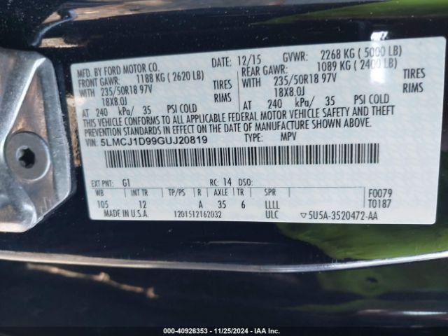 5LMCJ1D99GUJ20819 Lincoln Mkc Premier