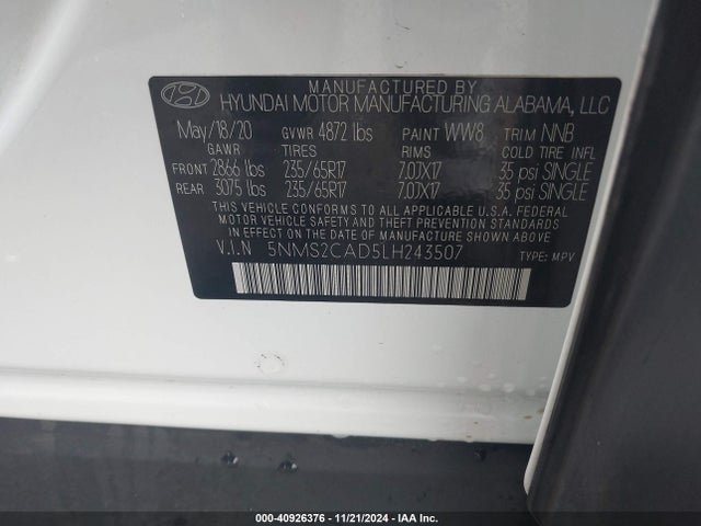 5NMS2CAD5LH243507 Hyundai Santa Fe Se