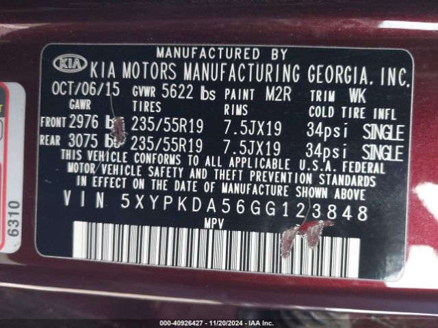 5XYPKDA56GG123848 KIA Sorento 3.3l Sx