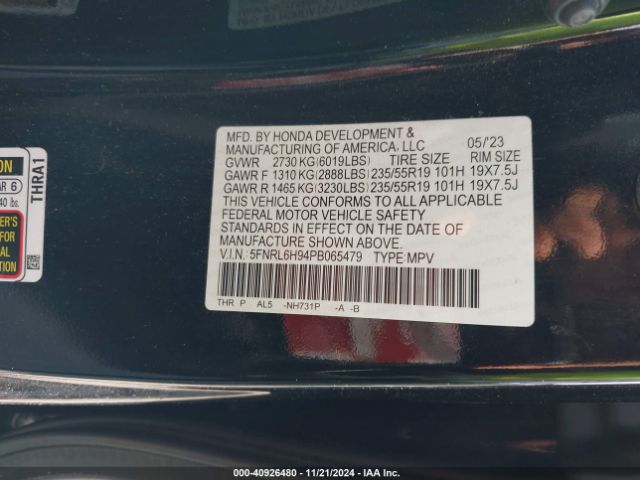 5FNRL6H94PB065479 Honda Odyssey Elite
