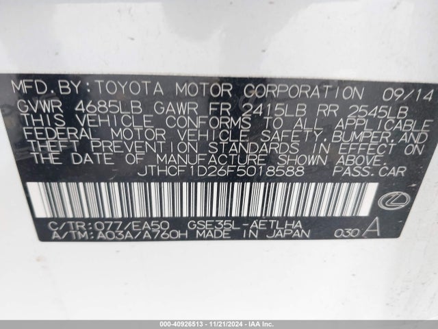 Lexus IS 250 2015 JTHCF1D26F5018588 Image 9