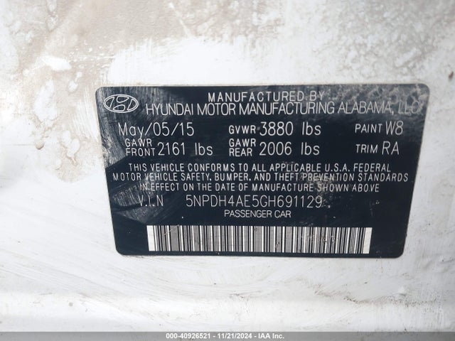 5NPDH4AE5GH691129 Hyundai ELANTRA SE