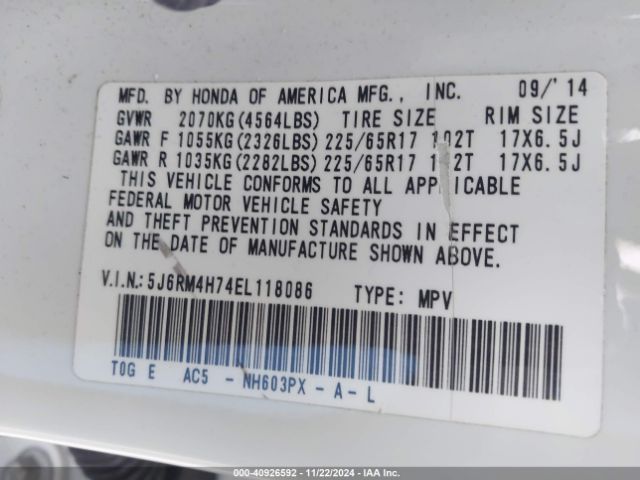 5J6RM4H74EL118086 Honda Cr-v Ex-l