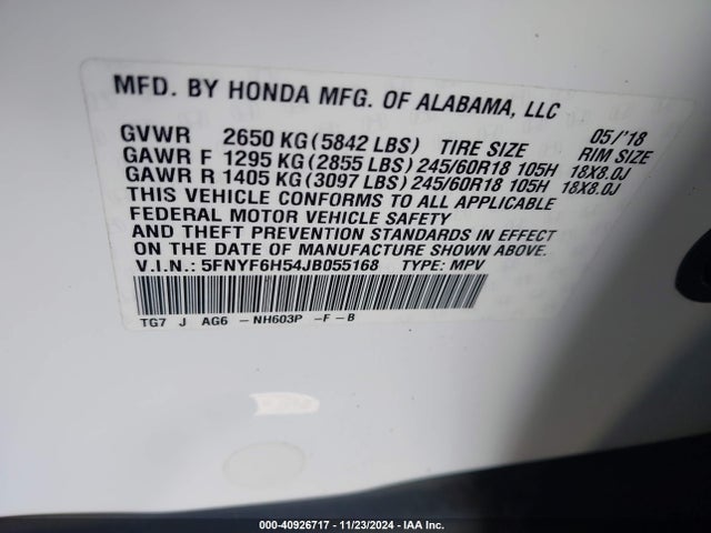 Honda Pilot Ex-l 2018 5FNYF6H54JB055168 Image 9