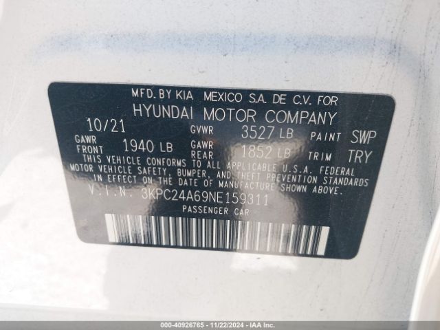 3KPC24A69NE159311 Hyundai ACCENT SE