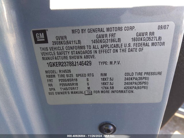 Aukcja sprzedaży 2008 Gmc Acadia Slt-1, vin: 1GKER23788J146429, numer aukcji: 40926884