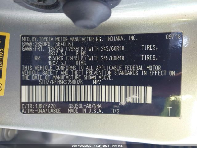 5TDZZRFH9KS290026 Toyota Highlander Le Plus