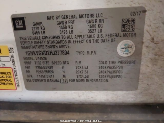 1GNKVGKD2HJ277894 Chevrolet Traverse 1lt