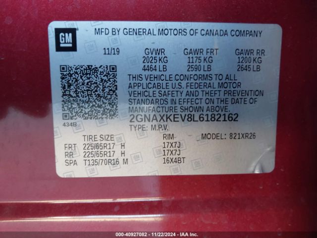 2GNAXKEV8L6182162 Chevrolet Equinox Fwd Lt 1.5l Turbo