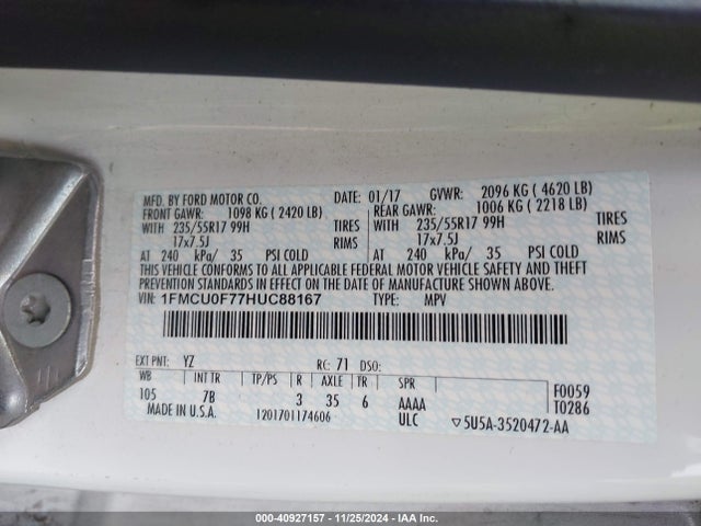 Ford 2.5l i-vct 2017 1FMCU0F77HUC88167 Image 9