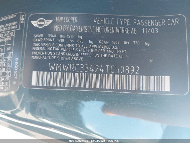 2004 MINI COOPER WMWRC33424TC50892 Photo 8