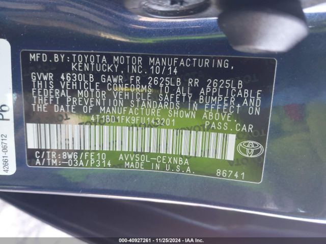 4T1BD1FK9FU143201 Toyota Camry Hybrid Le