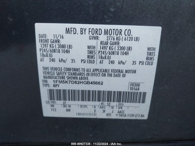 Auction sale of the 2017 Ford Explorer Xlt, vin: 1FM5K7D82HGB45662, lot number: 40927338
