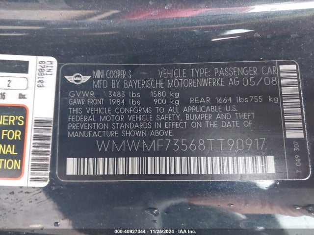 2008 MINI COOPER S WMWMF73568TT90917 Photo 8