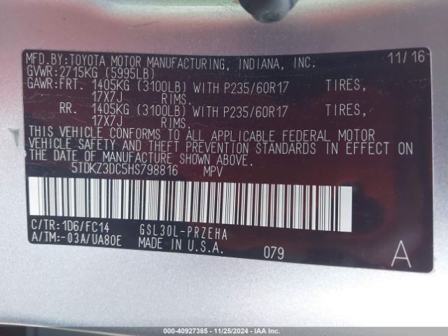5TDKZ3DC5HS798816 Toyota Sienna Le 8 Passenger