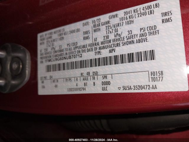 1FMCU9G60NUB70712 Ford ESCAPE SE