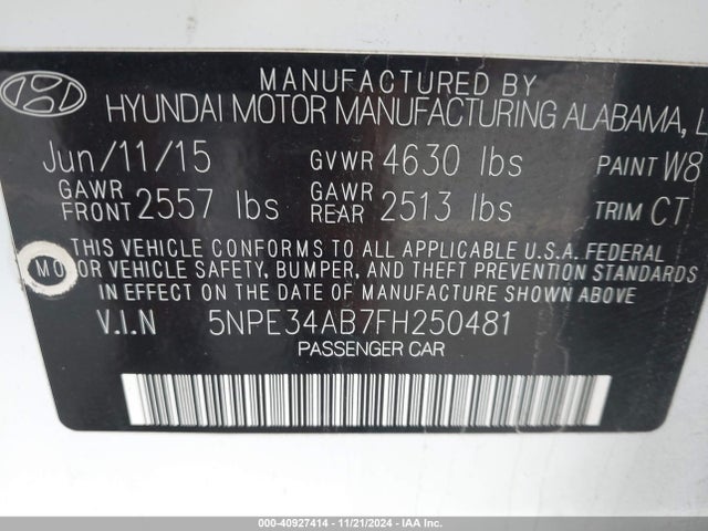 Hyundai Sonata Limited 2.0t 2015 5NPE34AB7FH250481 Image 9
