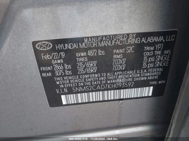 5NMS2CAD7KH093592 Hyundai Santa Fe Se