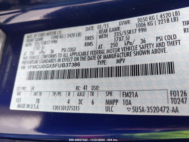 Ford ESCAPE SE 2015 1FMCU0GX5FUB37386 Image 9