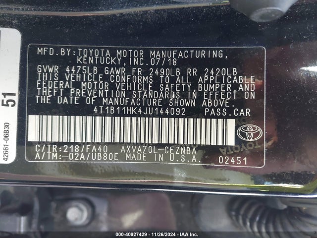 Toyota CAMRY LE 2018 4T1B11HK4JU144092 Image 9
