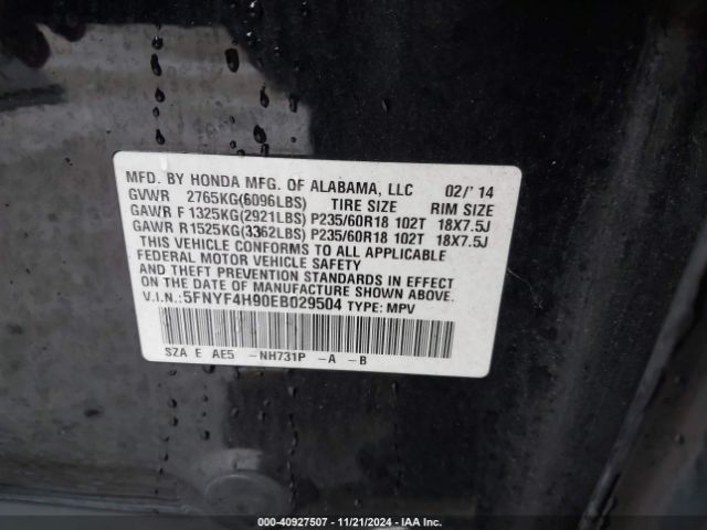 5FNYF4H90EB029504 Honda Pilot Touring