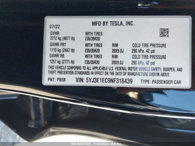 5YJ3E1EC9NF318439 Tesla Model 3 Performance Dual Motor All-wheel Drive
