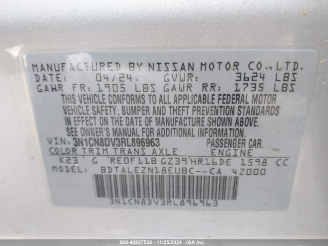 3N1CN8DV3RL896963 Nissan Versa 1.6 S