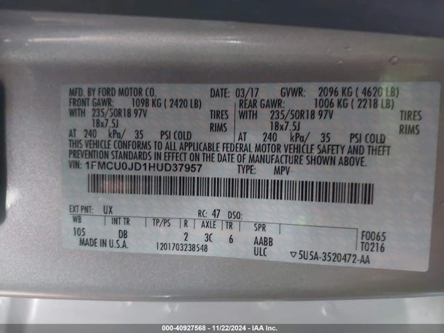 Ford Escape Titanium 2017 1FMCU0JD1HUD37957 Image 9