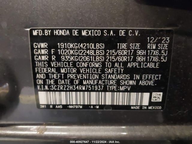 3CZRZ2H34RM751937 Honda Hr-v Awd Lx