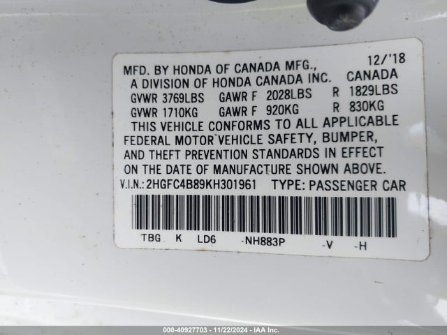 Honda Civic Sport 2019 2HGFC4B89KH301961 Image 9