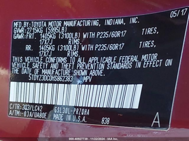 5TDYZ3DC0HS862383 Toyota Sienna Xle 8 Passenger